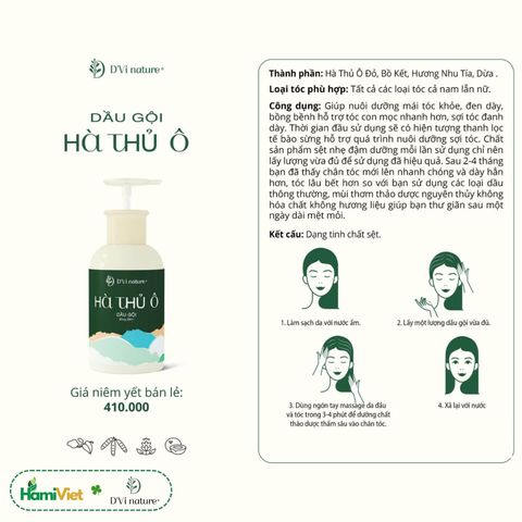 Dầu Gội Hà Thủ Ô D'Vi Nature - Nuôi Dưỡng Tóc Bóng Mượt, Đàn Hồi, Giúp Làm Sạch Tóc và Loại Bỏ Gàu - 320ml