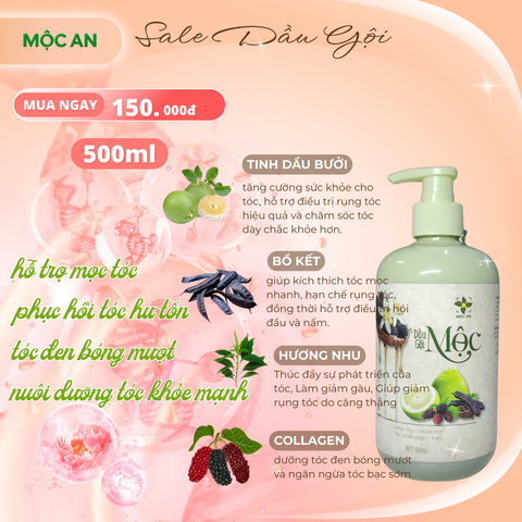 [MUA 1 TẶNG 1] Dầu Gội MỘC Thiên Nhiên 500ML - Chăm Sóc Tóc Suôn Mượt, Hỗ Trợ Mọc Tóc - Chiết Xuất Bưởi, Bồ Kết, Hương Nhu, Dâu Tằm