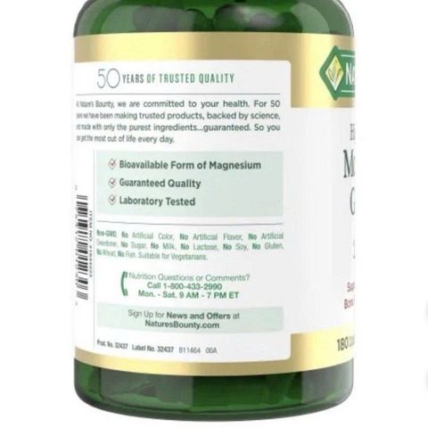 Viên uống bổ sung Magie Glycinate 240 mg Nature's Bounty, 180 viên - Hỗ trợ sức khỏe tim mạch và giấc ngủ sâu.