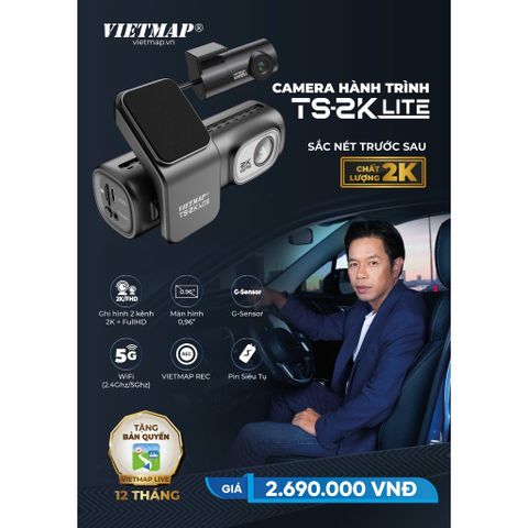 Camera Hành Trình VIETMAP TS-2K Lite - Ghi Hình Super HD 2K Trước Sau, Kết Nối WIFI 5Ghz, Bền Bỉ Với Pin Siêu Tụ Điện