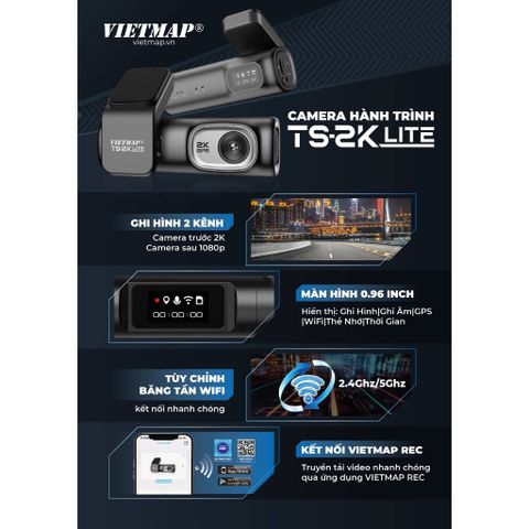 Camera Hành Trình VIETMAP TS-2K Lite - Ghi Hình Super HD 2K Trước Sau, Kết Nối WIFI 5Ghz, Bền Bỉ Với Pin Siêu Tụ Điện