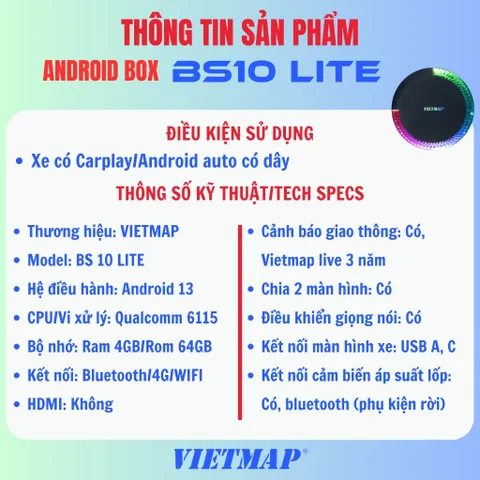 Android Box Ô Tô VIETMAP BS10 LITE 2025 - Thiết Bị Thông Minh Hỗ Trợ CarPlay/Android Auto, Giải Trí Đa Năng, Dẫn Đường Tối Ưu