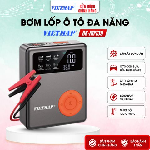 Bộ Bơm Lốp Kích Bình 5 trong 1 Vietmap DK-MF139 - Nâng cao An Toàn Đường Đi với Sạc Dự Phòng, Đèn Pin LED, Vá Lốp Khẩn Cấp