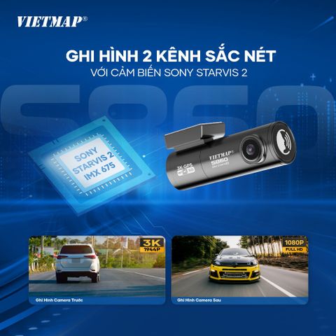 Camera Hành Trình VIETMAP S860 - An Toàn Với Ghi Hình 3K Trước & Full HD Sau, Cảnh Báo Giao Thông Thông Minh, Thiết Kế Nhỏ Gọn 2025