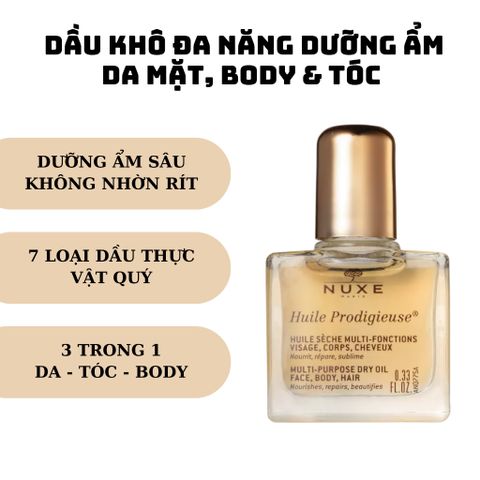Dầu Khô Đa Năng Nuxe Huile Prodigieuse Mini 10ml - Dưỡng Ẩm Da Mặt, Cơ Thể & Tóc, Phục Hồi Tóc Hư Tổn, Tiện Lợi Mang Theo