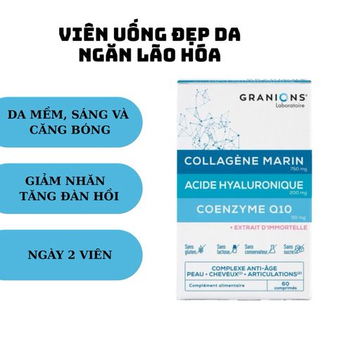 Granions Collagène Marin - Viên uống chống lão hóa, dưỡng da sáng mịn với HA và Q10, hỗ trợ đàn hồi da và tóc chắc khỏe.