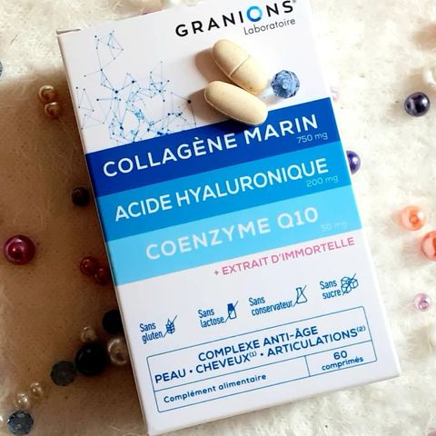Granions Collagène Marin - Viên uống chống lão hóa, dưỡng da sáng mịn với HA và Q10, hỗ trợ đàn hồi da và tóc chắc khỏe.