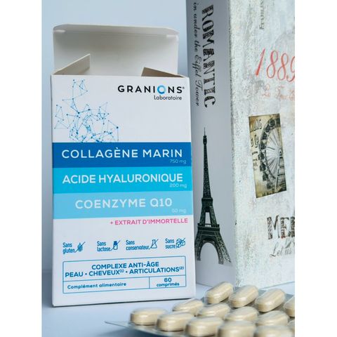 Granions Collagène Marin - Viên uống chống lão hóa, dưỡng da sáng mịn với HA và Q10, hỗ trợ đàn hồi da và tóc chắc khỏe.