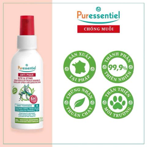 Xịt Chống Muỗi Puressentiel 100ml - An Toàn Cho Da Nhạy Cảm, Không DEET, Bảo Vệ Hiệu Quả Đến 6 Giờ, Dành Cho Trẻ Em Và Phụ Nữ Mang Thai