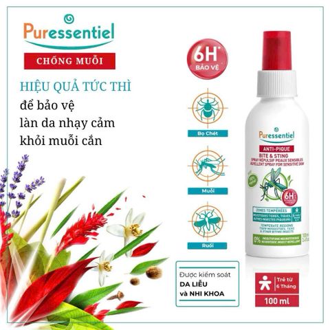 Xịt Chống Muỗi Puressentiel 100ml - An Toàn Cho Da Nhạy Cảm, Không DEET, Bảo Vệ Hiệu Quả Đến 6 Giờ, Dành Cho Trẻ Em Và Phụ Nữ Mang Thai