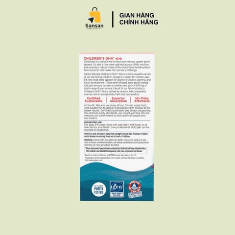 Viên uống Nordic Children's DHA Xtra 636mg - Bổ sung Omega-3 cho trẻ từ 3 tuổi, hỗ trợ trí não và phát triển tư duy, 90 viên Mỹ