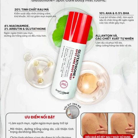 Xịt Giảm Mụn Lưng Angel's Liquid Glutathione 150ml - Giúp Làm Mờ Thâm và Ngăn Ngừa Mụn Hiệu Quả Cho Da êm Ái