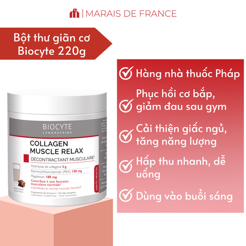 Bột Collagen Biocyte Muscle Relax 220g - Giúp Phục Hồi Cơ Bắp, Giảm Đau Nhức, Tăng Cường Sức Khỏe Xương Khớp, Hương Vị Tự Nhiên, Dễ Uống