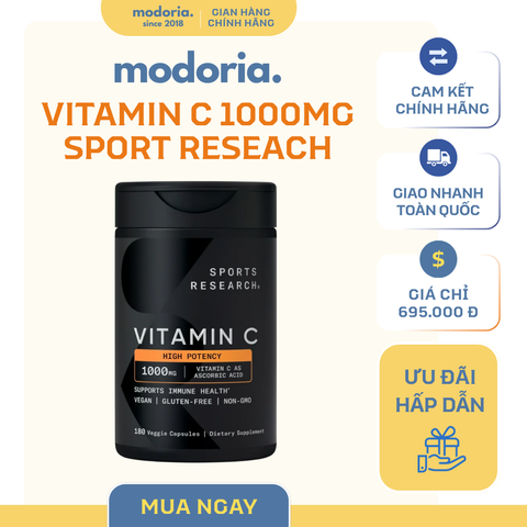 Viên Uống Bổ Sung Vitamin C Sports Research 1000mg - 180 Viên Mỹ Dễ Uống, Hỗ Trợ Miễn Dịch và Sức Khỏe Tổng Thể