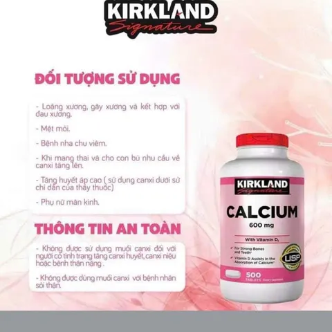 Viên uống Bổ sung Canxi Kirkland 600mg + Vitamin D3 - Hỗ trợ Xương và Răng Chắc Khỏe, Giảm Nguy Cơ Loãng Xương, Mỹ