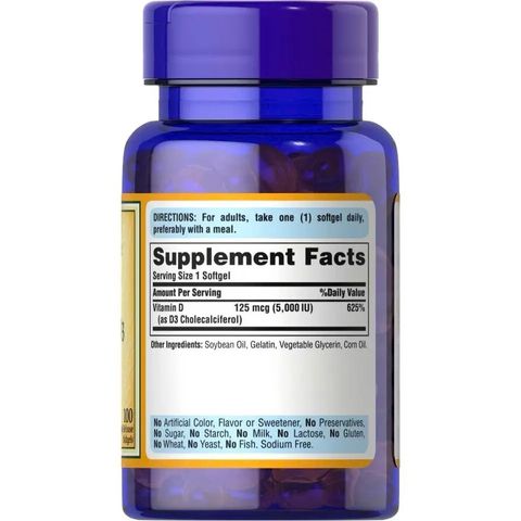 Viên uống bổ sung Vitamin D3 Puritan's Pride 125mcg 5000 IU - Hỗ trợ sức khỏe xương và hệ miễn dịch hiệu quả