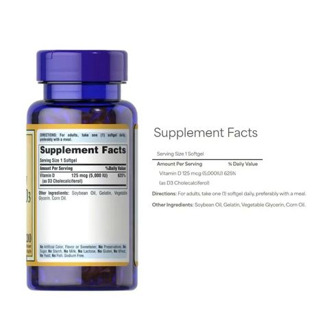 Viên uống bổ sung Vitamin D3 Puritan's Pride 125mcg 5000 IU - Hỗ trợ sức khỏe xương và hệ miễn dịch hiệu quả