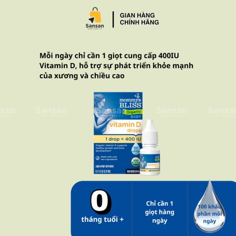 Vitamin D3 Mommy Bliss Cho Bé 0-1 Tuổi - Giọt Bổ Sung Hữu Cơ 400IU 3.24ml - Hỗ Trợ Phát Triển Hệ Xương Răng Từ Mỹ