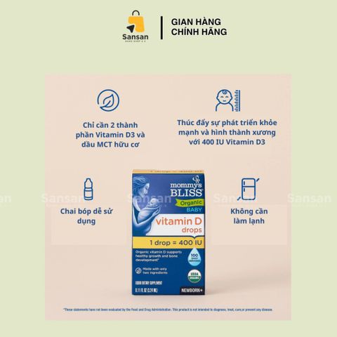Vitamin D3 Mommy Bliss Cho Bé 0-1 Tuổi - Giọt Bổ Sung Hữu Cơ 400IU 3.24ml - Hỗ Trợ Phát Triển Hệ Xương Răng Từ Mỹ