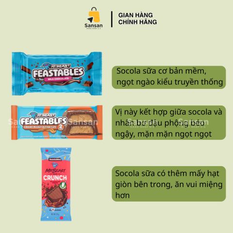 Kẹo Socola MrBeast Feastables Mix 3 Vị - Milk Chocolate, Milk Crunch, Creamy Peanut Butter Cup, 70 Thanh, 909gr - Nguyên Liệu Fairtrade, Hạn Sử Dụng Dài