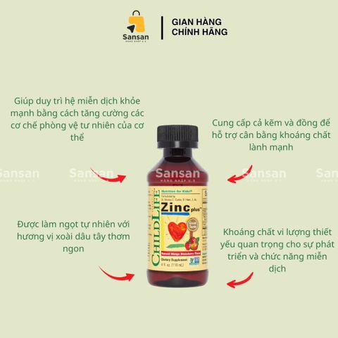 ChildLife Essentials Liquid Zinc Plus 118ml - Vitamin bổ sung kẽm cho trẻ từ 6 tháng tuổi, tăng cường miễn dịch và phát triển khỏe mạnh