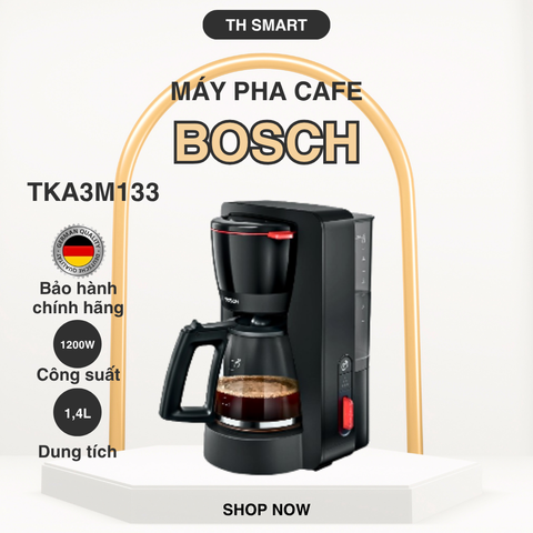Máy Pha Cà Phê Phin BOSCH TKA3M133 Màu Đen - Bình Thủy Tinh Sang Trọng, Công Suất 1200W, Chức Năng Aroma+ Giúp Cà Phê Thơm Ngon