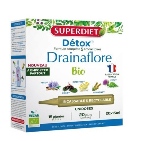 Nước Uống Detox Superdiet Drainaflore Bio Pháp - Thanh Lọc Gan, Thận, Ruột - Hộp 20 Ống Hữu Cơ 15ml