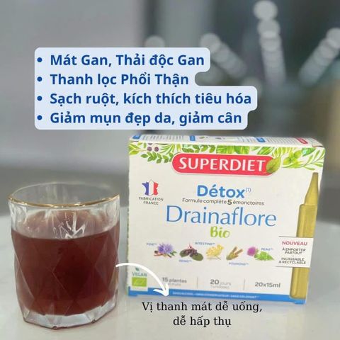Nước Uống Detox Superdiet Drainaflore Bio Pháp - Thanh Lọc Gan, Thận, Ruột - Hộp 20 Ống Hữu Cơ 15ml