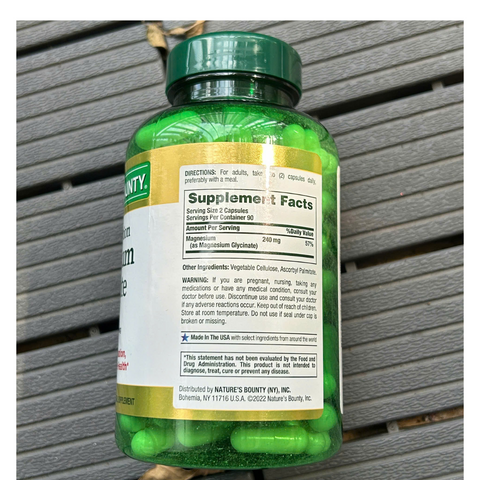 Viên bổ sung Magnesium Glycinate 240mg Nature's Bounty - Hỗ trợ sức khỏe và giấc ngủ, giảm lo âu, 180 viên