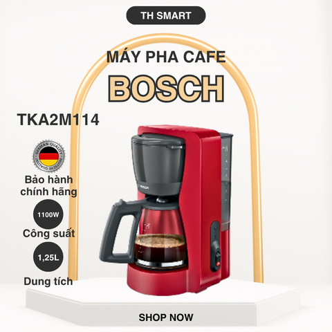 Máy Pha Café Phin BOSCH TKA2M114 Màu Đỏ - Bình Thủy Tinh Cao Cấp, Hệ Thống Pha Giọt Truyền Thống, Ly Cà Phê Thơm Ngon tuyệt Hảo