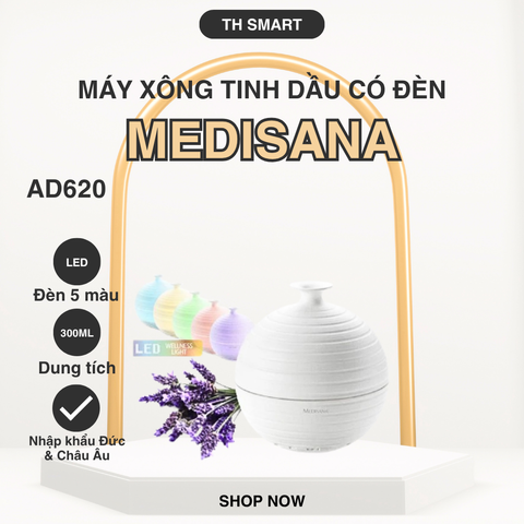 Máy Khuếch Tán Tinh Dầu MEDISANA AD620 - Thiết Bị Phun Sương Siêu Âm Kèm Đèn LED Đổi Màu | Thư Giãn, Khử Mùi, Tạo Ẩm Không Khí