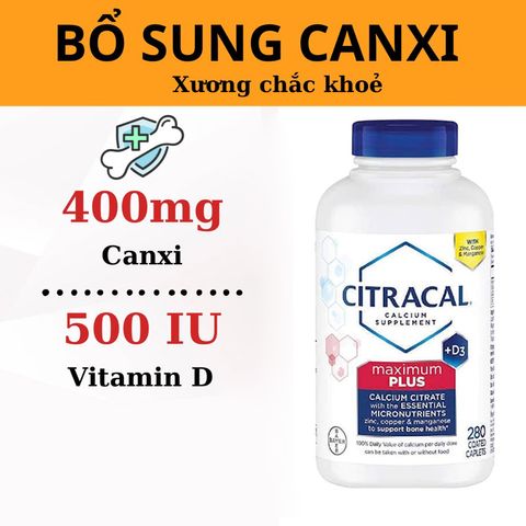 Viên Uống Bổ Sung Canxi Citracal Và Vitamin D3 - Hỗ Trợ Loãng Xương, Còi Xương, 280 Viên - Giúp Xương Khỏe Mạnh, Dễ Hấp Thụ