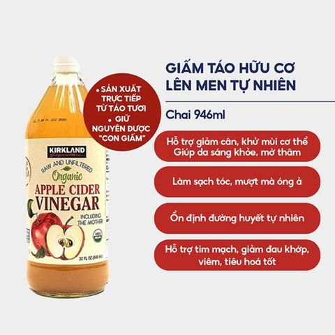Giấm Táo Hữu Cơ Nguyên Chất Kirkland 946ml (Set 3 Chai) - Hỗ Trợ Giảm Cân, Cải Thiện Tiêu Hóa, Dinh Dưỡng Thể Hình