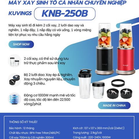 Máy Xay Sinh Tố Cá Nhân Chuyên Nghiệp Kuvings KNB-250B 2 Trong 1 - Công Suất 1000W, Tích Hợp Công Thức Ăn Kiêng, BPA-Free