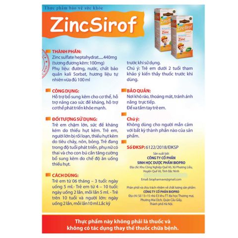 Zinc Sirof - Chai 100ml Hỗ Trợ Bổ Sung Kẽm, Tăng Sức Đề Kháng, Phát Triển Cơ Thể - Thực Phẩm Bảo Vệ Sức Khỏe cho Trẻ Em và Người Lớn