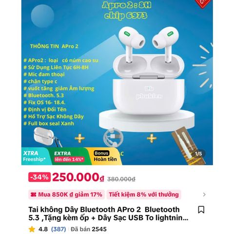 Tai Nghe Bluetooth APro 2 JR 6973 - Không Dây Bluetooth 5.3 Âm Thanh Rõ Ràng, Thiết Kế Gọn Nhẹ, Phụ Kiện Tặng Kèm