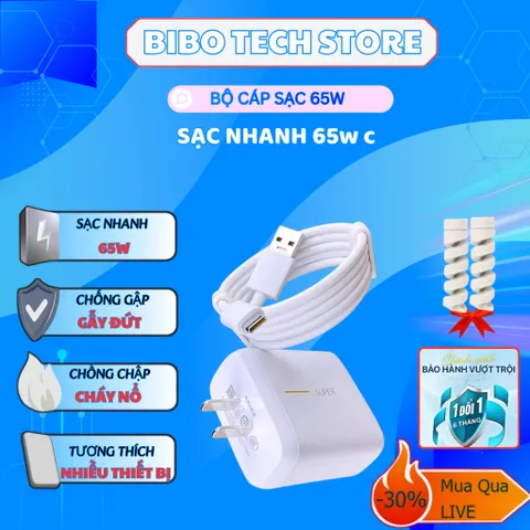 Bộ Sạc Siêu Nhanh 65W SuperVOOC | Củ & Cáp Type-C Tương Thích OPPO/Realme/Vivo - Bảo Hành 6 Tháng