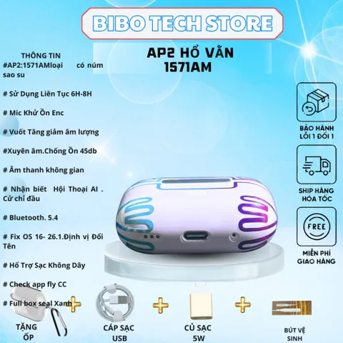 Tai Nghe Bluetooth AP2 Hổ Vằn 1571AM - Mic Khử Ồn ENC, Âm Thanh Không Gian, Chống Ồn 45dB, Sạc Không Dây, Thời Gian Sử Dụng 6-8 Giờ