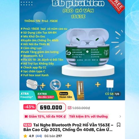 Tai Nghe Bluetooth Pro2 Hổ Vằn 1563E - Chống Ồn 40dB, BT 5.3, Âm Thanh Chất Lượng, Kết Nối Đa Thiết Bị, Pin 24 Giờ - Full Box