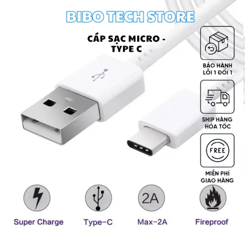 Cáp Sạc Type-C 1m - Hỗ Trợ Sạc 2A, Truyền Dữ Liệu Nhanh, Tương Thích Android, Dây Chắc Chắn, Giảm Nóng Khi Sạc