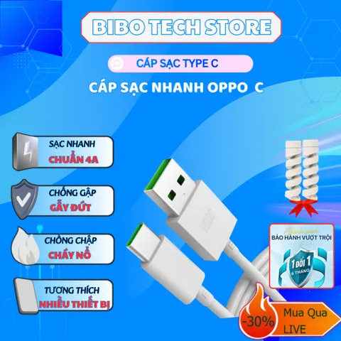 Cáp Sạc Nhanh Type C VOOC 4A Chính Hãng - Bảo Hành 06 Tháng, Thiết Kế Chống Gãy, Dễ Dàng Mang Theo