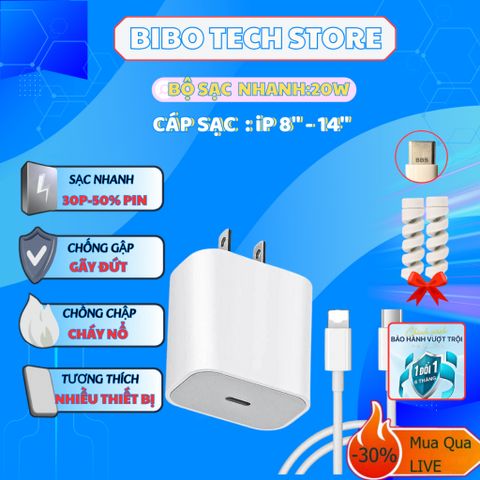 Bộ Sạc Nhanh PD 20W Cho iPhone 8-14PM - Sạc 0-50% Trong 30 Phút - Thiết Kế Nhỏ Gọn, Bảo Vệ Cáp Tặng Kèm