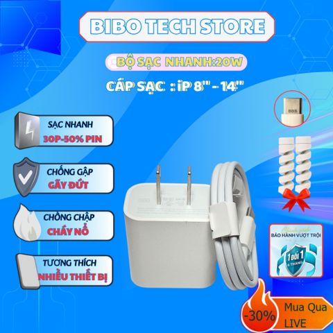 Bộ Sạc Nhanh PD 20W Cho iPhone 8-14PM - Sạc 0-50% Trong 30 Phút - Thiết Kế Nhỏ Gọn, Bảo Vệ Cáp Tặng Kèm