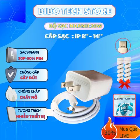 Bộ Sạc Nhanh PD 20W Cho iPhone 8-14PM - Sạc 0-50% Trong 30 Phút - Thiết Kế Nhỏ Gọn, Bảo Vệ Cáp Tặng Kèm