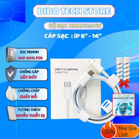 Bộ Sạc Nhanh PD 20W Cho iPhone 8-14PM - Sạc 0-50% Trong 30 Phút - Thiết Kế Nhỏ Gọn, Bảo Vệ Cáp Tặng Kèm