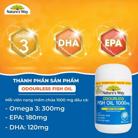 Viên uống dầu cá Nature's Way Odourless Fish Oil 1000mg 80 viên - Bổ sung EPA DHA hỗ trợ sức khỏe mắt và não bộ từ Úc