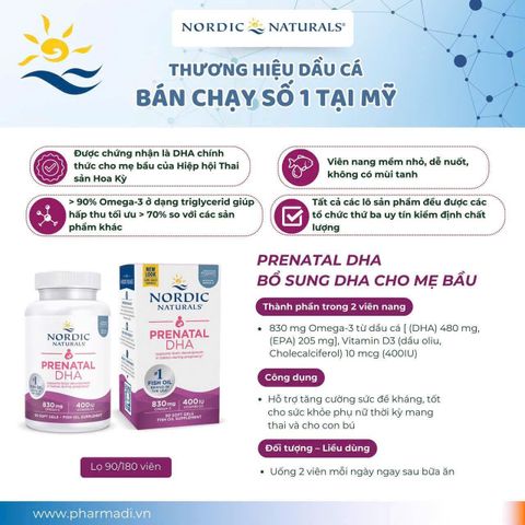 Viên uống Prenatal DHA Nordic 90 viên - Bổ sung Omega-3 cho bà bầu và trẻ sơ sinh, hỗ trợ phát triển trí não và giảm căng thẳng.