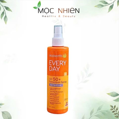Xịt Chống Nắng Woolworths SPF 50+ - Không Gây Nhờn, Chống Nước & Mồ Hôi 200ml - Bảo Vệ Da Mặt & Toàn Thân, Phù Hợp Mọi Loại Da