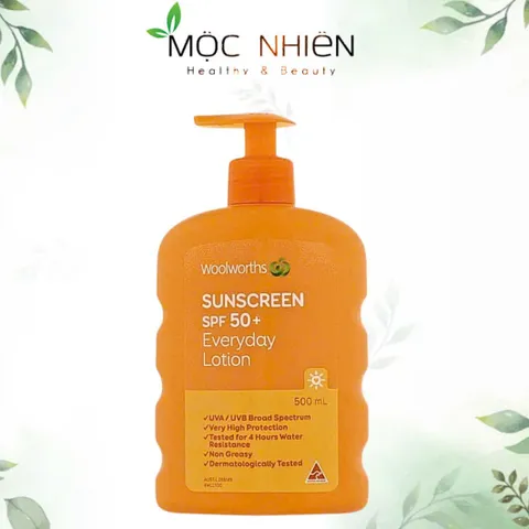 Kem Chống Nắng Woolworths SPF 50+ Chống Nước & Mồ Hôi 4 Giờ, Dưỡng Ẩm Da, Không Nhớt, Phù Hợp Mọi Loại Da 500ml