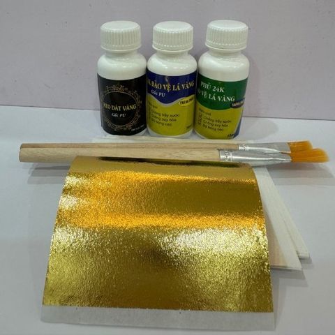 Combo dát vàng trải nghiệm gốc PU gồm 50 lá vàng B Gold kèm đủ keo, phủ, chổi dùng dát vàng trên gỗ, kim loại, nhựa, ...